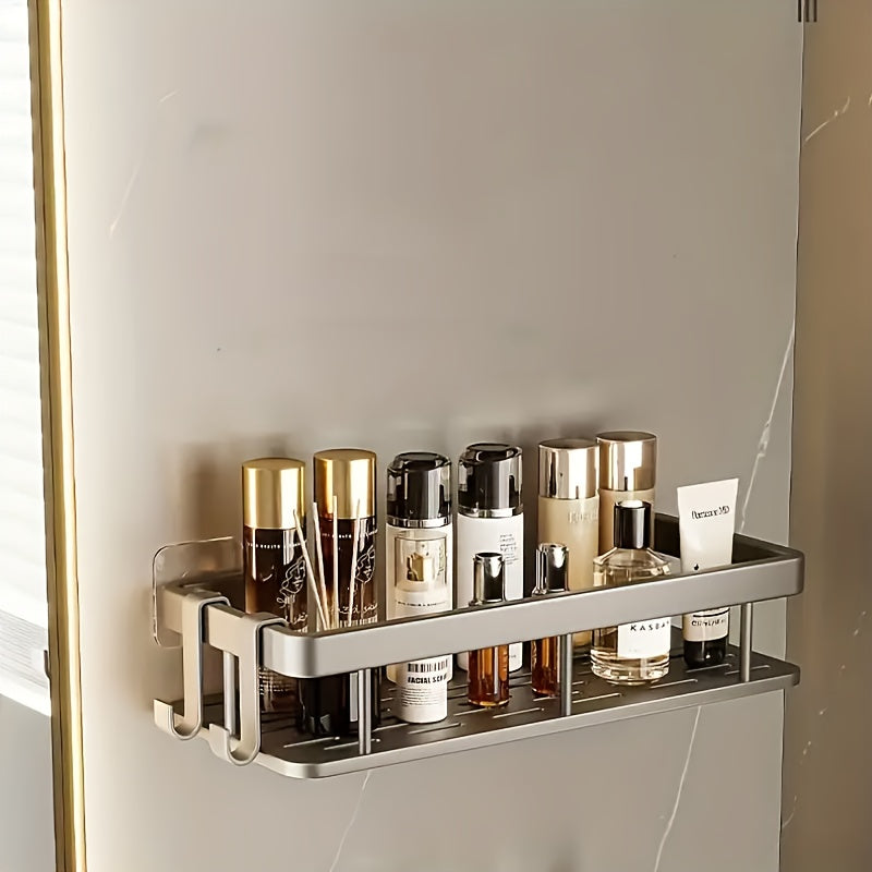 Estante de aluminio de gran capacidad con gancho, sin taladro, para montar en la pared, adecuado para baño y cocina, estante de almacenamiento fácil de instalar que ahorra espacio para artículos de tocador, cosméticos y artículos varios.