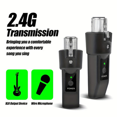 Transmisor y receptor inalámbricos XLR 2,4G: Sistema de micrófono inalámbrico UHF para una distancia de 50 metros, batería de 8 horas, adaptador de micrófono inalámbrico adecuado para micrófonos condensador/dinámicos, mezclador, sistema PA, guitarra