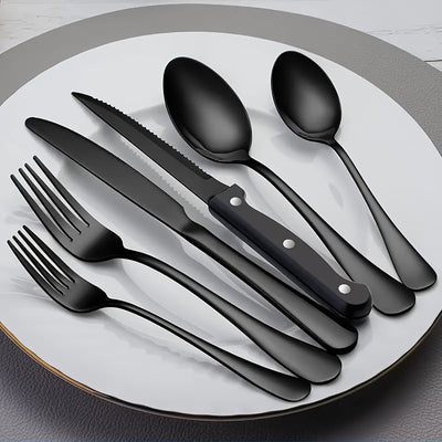 Juego de cubiertos de acero inoxidable de 24 piezas - Incluye cuchillos para bistec, tenedores, cucharas, cucharitas para postre y tenedores, apto para lavavajillas, adecuado para comidas en casa, banquetes de restaurantes, bodas y regalos, serie de cubi