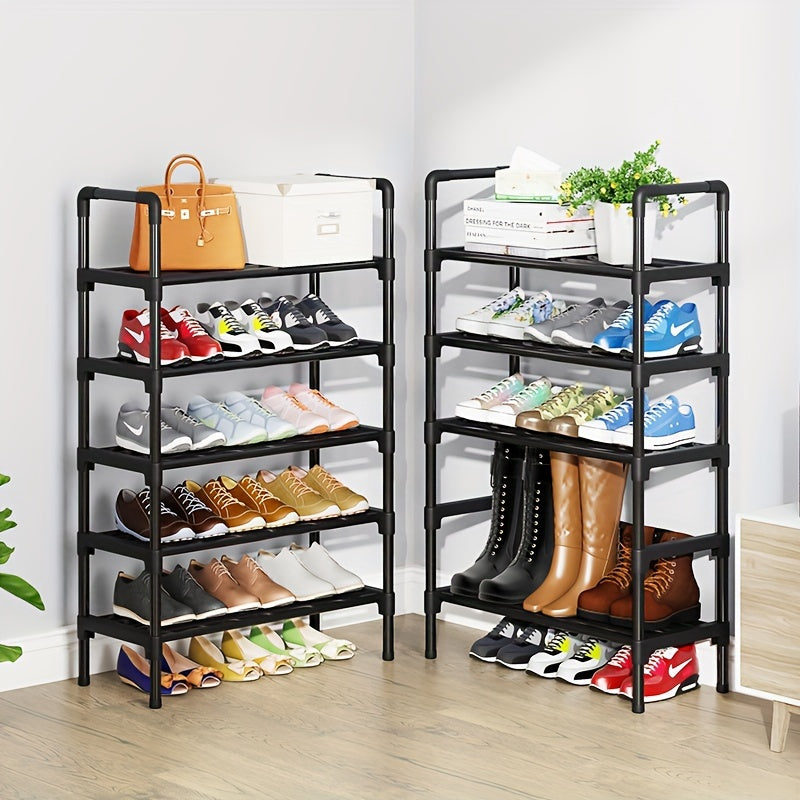 Estante para zapatos apilable estrecho de 5 niveles, 1 pieza, estructura metálica minimalista con estantes de plástico, organizador de almacenamiento que ahorra espacio para el armario, la entrada, el dormitorio, el hogar y la cocina.