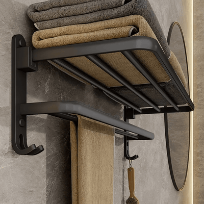 Porta toallas plegable de 50 cm, color negro mate, con gancho, montaje en pared, aluminio, soporte utilitario