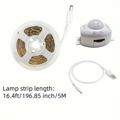 AMILL Luz de Escaleras con Sensor de Movimiento LED | Tira de Iluminación Flexible de 5m Alimentada por USB | Blanco/Cálido Doble Color | Deteción Infrarroja | Montaje en Pared, Acabado Pulido | Ideal para Escaleras, Pasillos y Gabinetes | Eficiente Ener