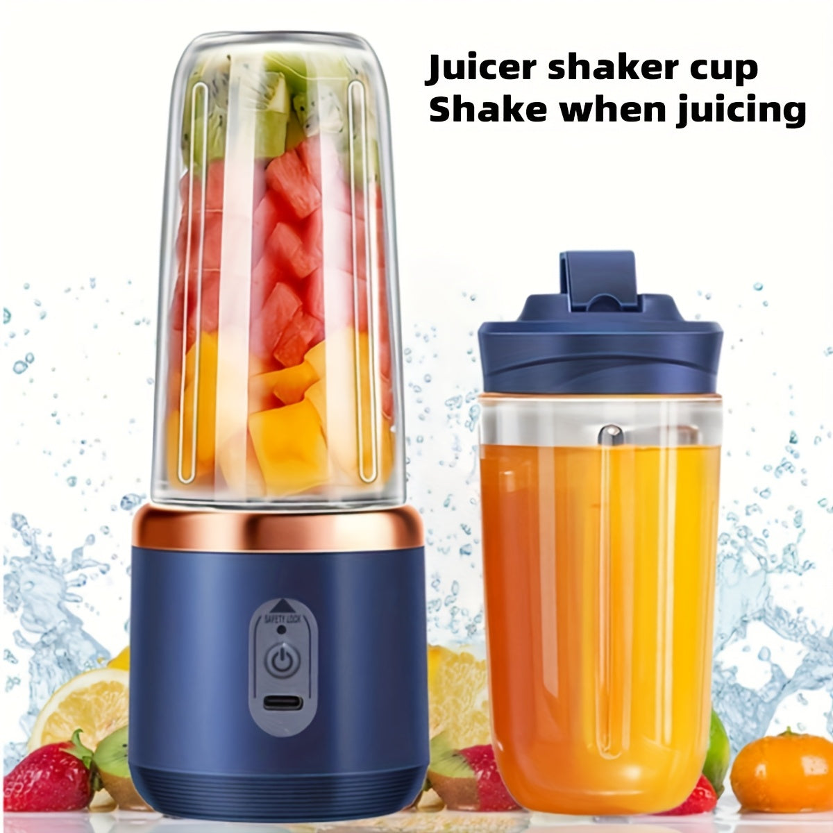Juego de licuadora portátil con taza doble, exprimidor de limón recargable por USB, batería de litio de 1500 mAh, máquina de batidos multifuncional de 6 cuchillas, función de aplastar hielo, ABS de grado alimenticio, adecuado para 5 escenas, hogar, escue