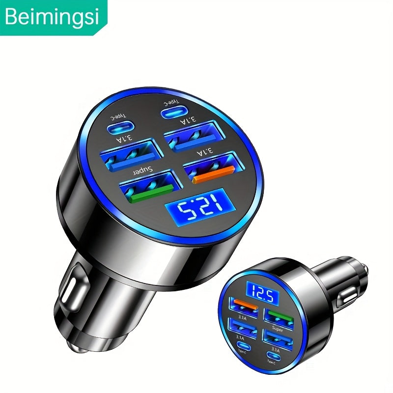 1 con 6 cargadores de teléfono móvil ultra-rápidos, pantalla digital de detección de voltaje inteligente, adecuado para USB y Tipo-C, adaptador de cargador de coche, cargador de coche