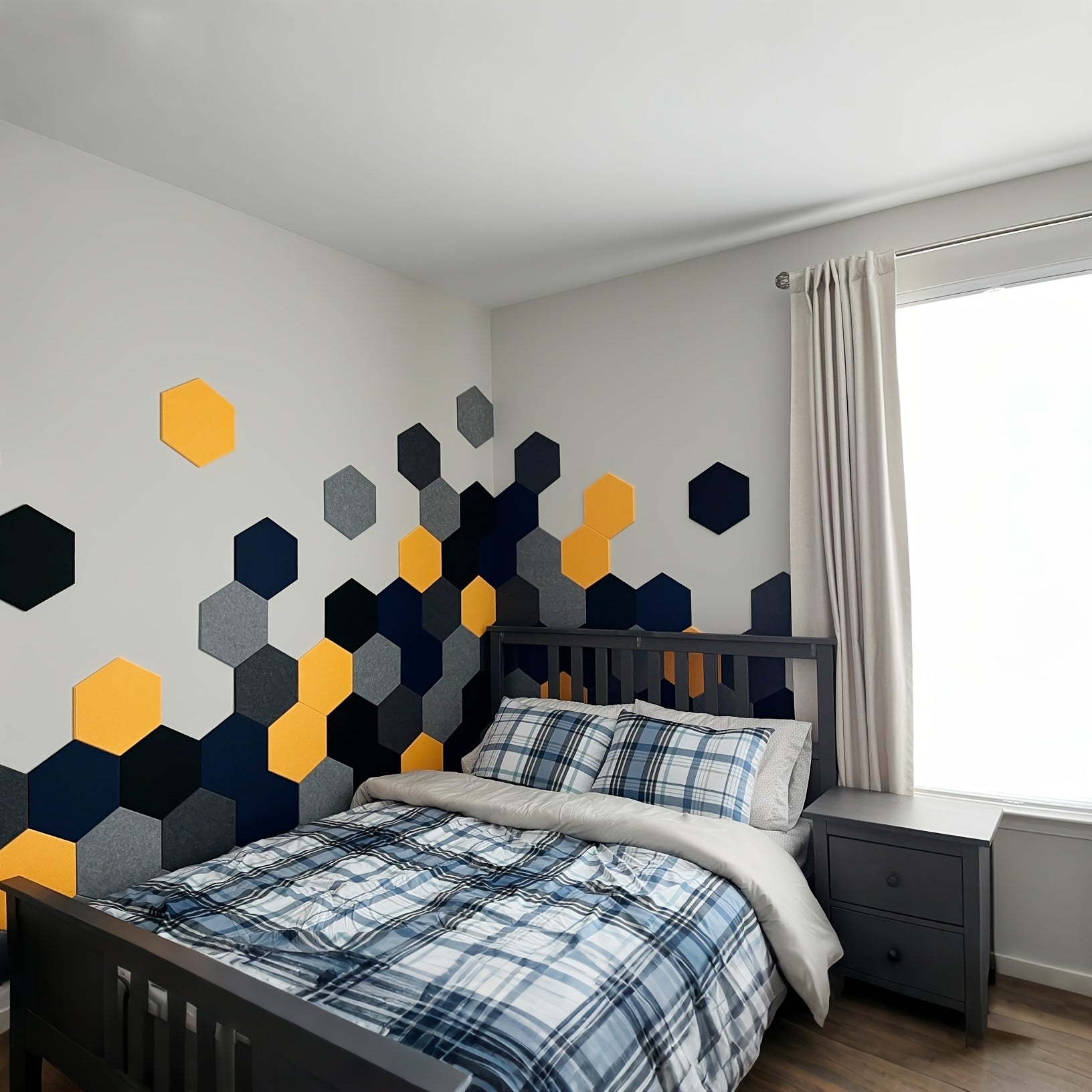 Conjunto de 12 Paneles de Espuma Acústica Hexagonal, 30.48cm x 25.98cm x 1.02cm, Azulejos Autoadhesivos para Paredes Insonorizantes en Casa y Estudio - Fibra de Poliéster, Blanco/Azul/Negro, Reducción de Ruido y Amortiguación del Sonido