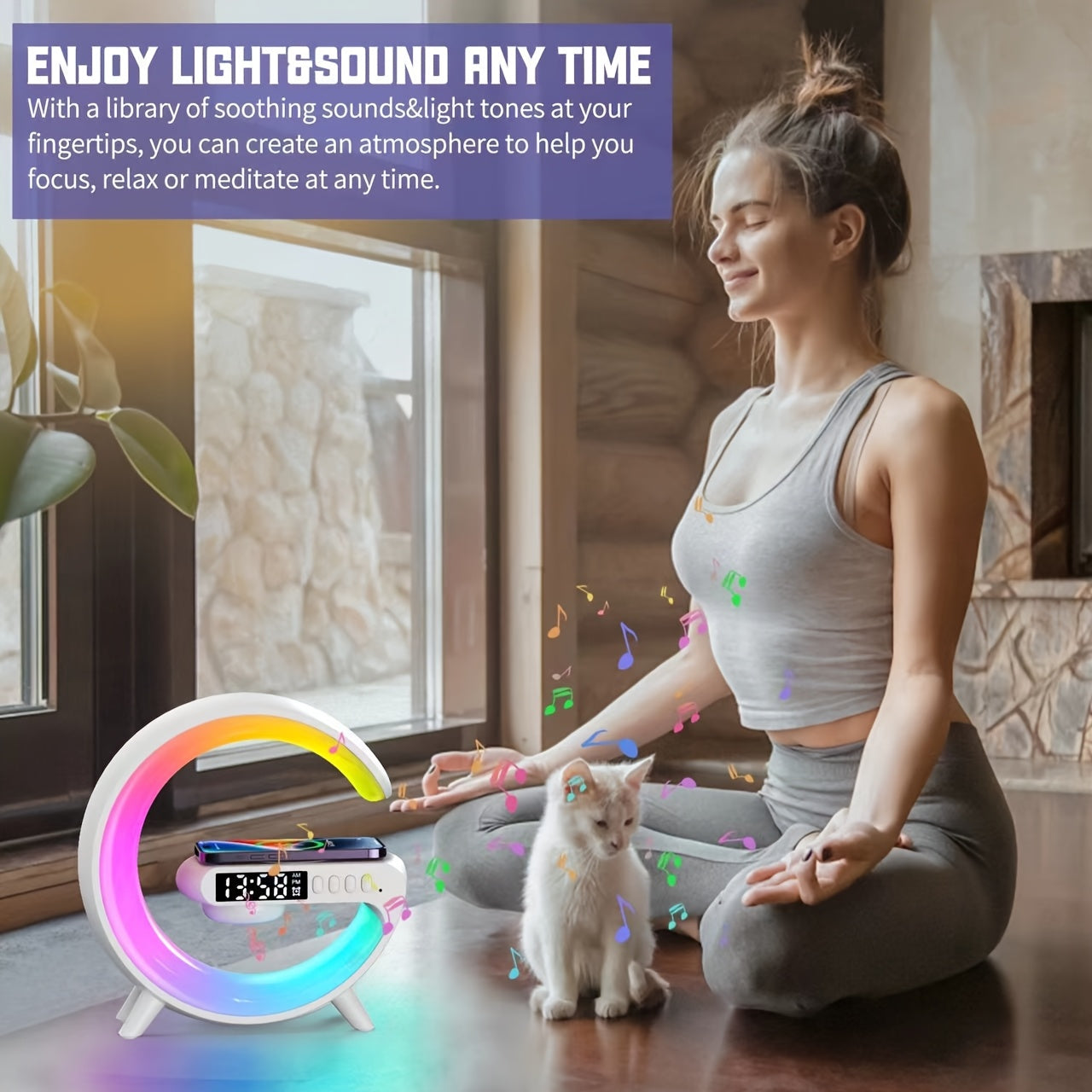 Lámpara de escritorio RGB moderna con carga inalámbrica, altavoz inalámbrico, brillo ajustable, múltiples modos de iluminación, reloj despertador y reproducción de tarjeta TF – Alimentación por USB, diseño elegante en blanco para dormitorio o estudio, ac