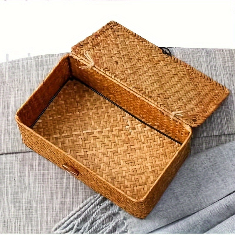Caja de almacenamiento tejida a mano estilo vintage con tapa - Organizador rectangular multifuncional para decoración del hogar, material de fibra natural, caja de almacenamiento decorativa | Caja de fibra natural | Diseño tejido, cestas de estantería