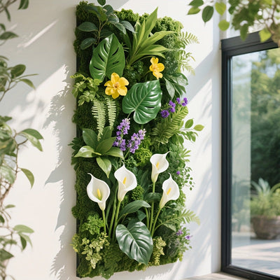 41.91cm a 61.98cm - Panel de muro de vegetación exuberante con flores y follaje vibrantes - Diseño de valla de madera natural, pantalla de privacidad para interiores y exteriores, perfecto para hogar, oficina, bodas y decoración estacional, césped artifi