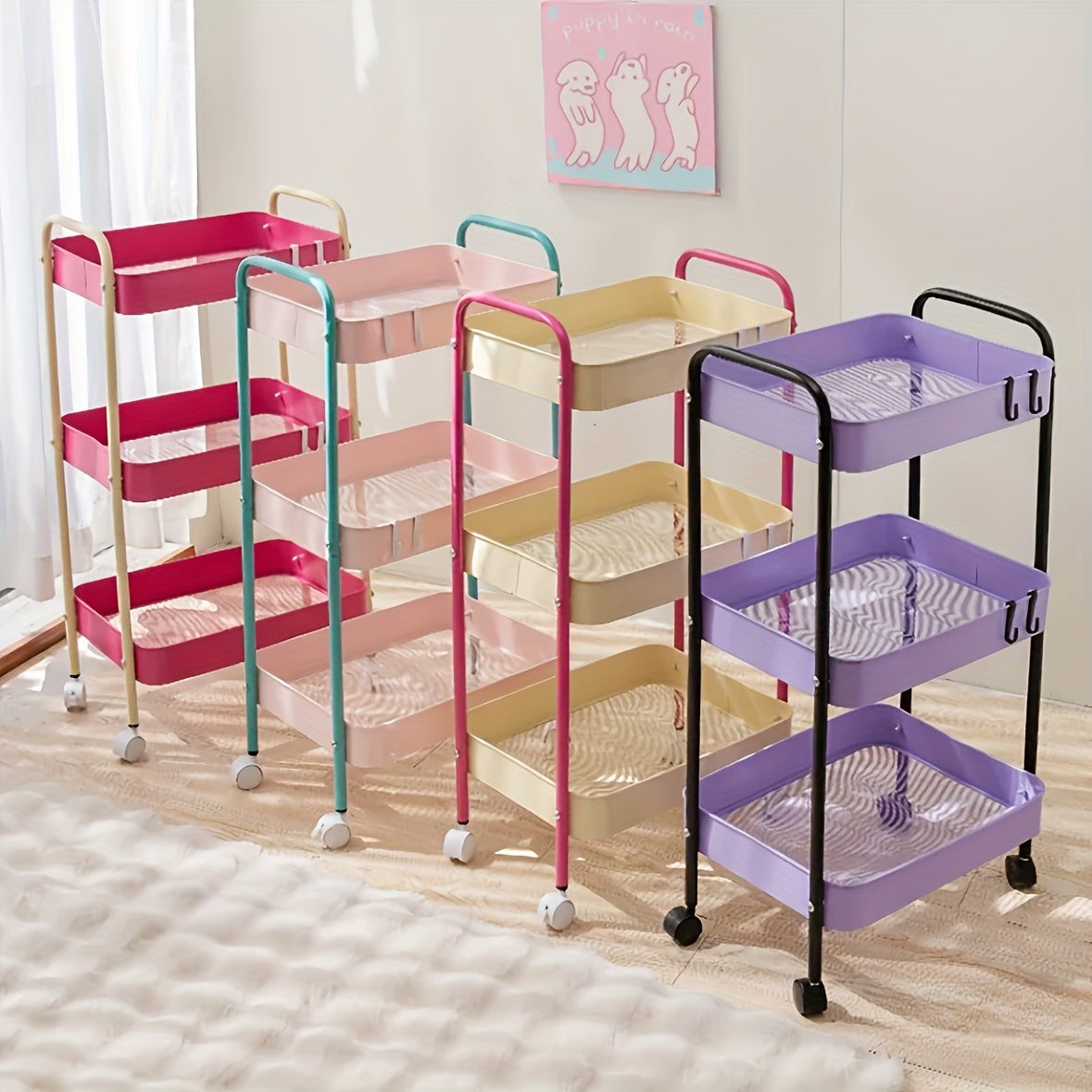 Carrito organizador rodante de 3 niveles, gran capacidad, estructura de acero al carbono, estilo glam, multiusos para el hogar y la oficina, con canastas