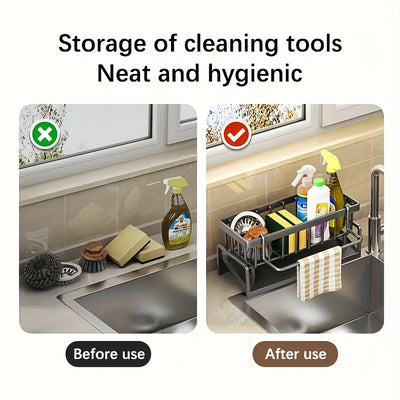 Organizador de Fregadero de Cocina de Acero Inoxidable - Estante de Almacenamiento que Ahorra Espacio con Porta-Panfleto, Metal, para Esponjas, Jabones, Cepillos y Paños, No Eléctrico, Equipo y Suministros de Alimentación, Ideal para Uso en la Cocina del