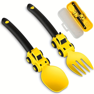 Juego de Tenedor y Cuchara de Personajes de Dibujos Animados para Niños - Duradero, Construcción de Material PP Libre de BPA, Color Amarillo, Fácil de Limpiar, Perfecto para la Comida, Viajes y Actividades al Aire Libre