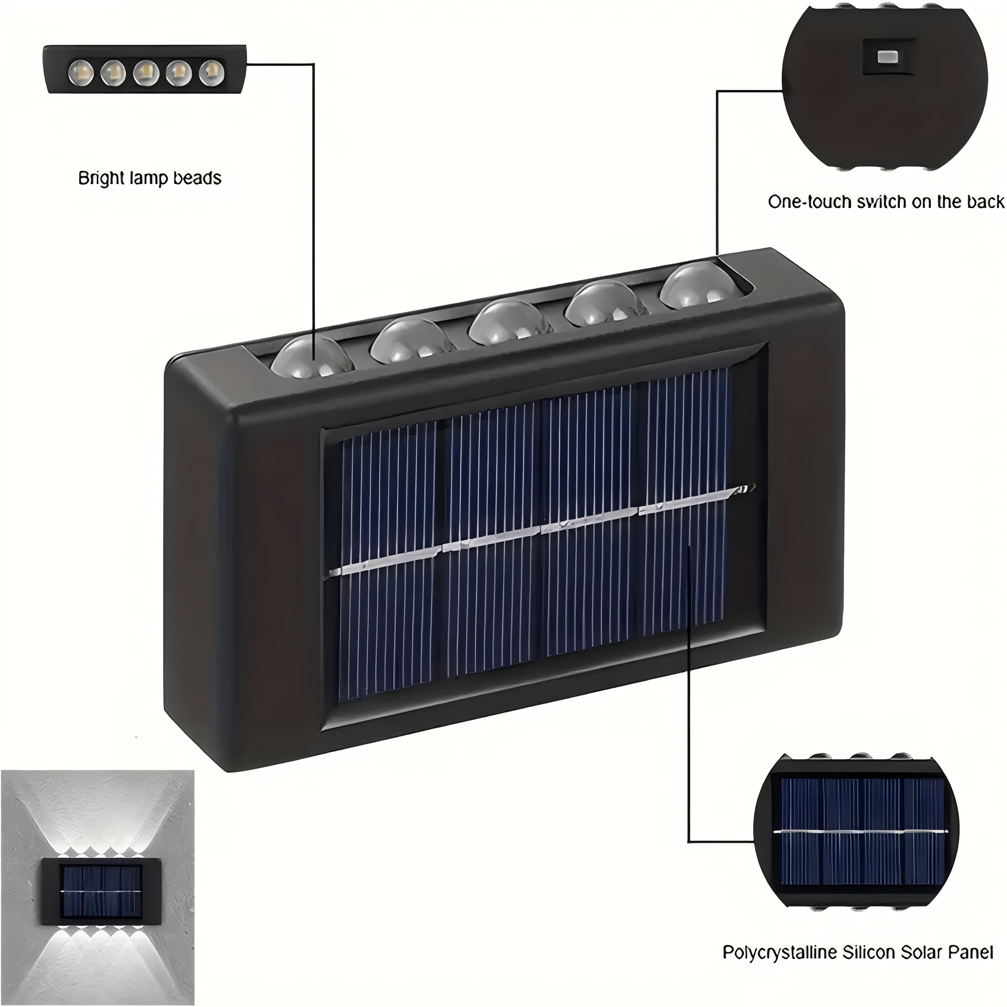 4/6/8 piezas, luz de pared solar de 10 LED, luz de atmósfera de iluminación exterior, luz decorativa de pared exterior, luz de paisaje LED para el hogar IP44, adecuada para exteriores, patio, villa, valla, balcón, terraza, jardín.