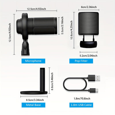 Micrófono de condensador USB, micrófono de condensador con función de silencio rápido, indicador RGB, botón giratorio de ganancia, para grabación vocal de podcasts, transmisiones en vivo y juegos