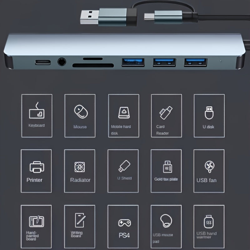 Hub USB multifunción 8 en 1, concentrador USB para computadora, hub USB C, lector de tarjetas TF/SD, salida de audio de 3.5 mm, ideal para transferencia de datos USB en computadoras