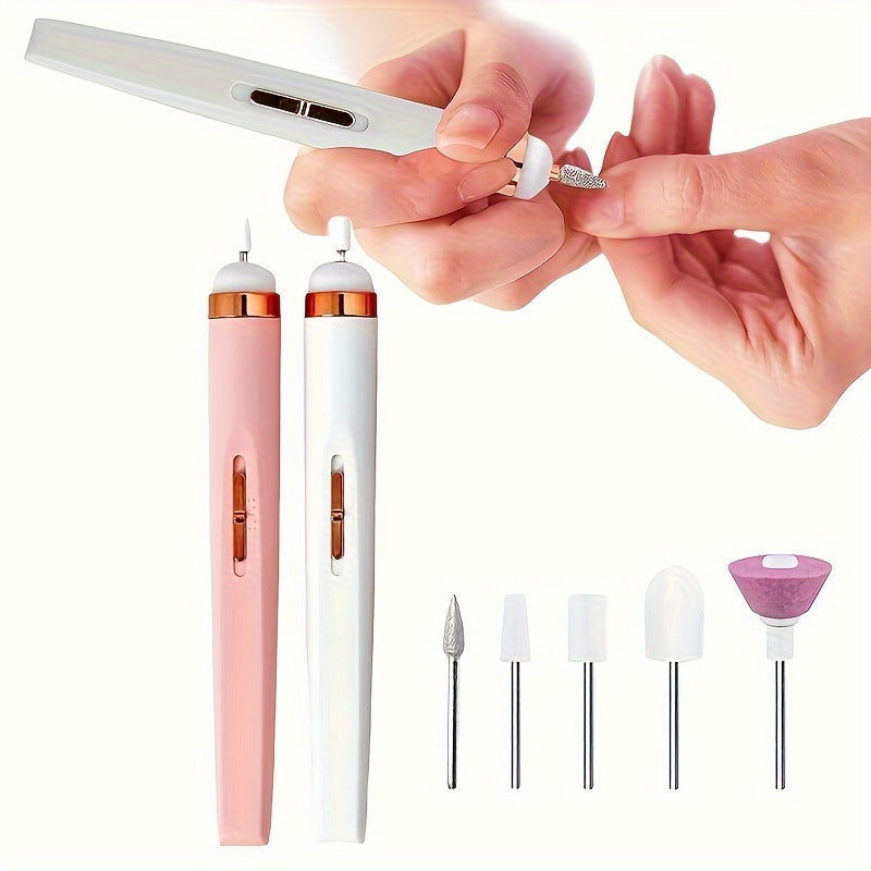 Blanco/Rosa, dos colores disponibles, lima de uñas portátil con 5 taladros de accesorios y juego de taladro eléctrico de manicura ajustable con luz LED y función de carga USB, herramientas de cuidado de uñas
