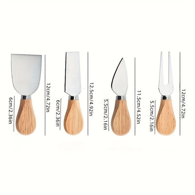 Juego de 4 cuchillos para queso de acero inoxidable con mangos de roble, utensilios para servir pizza de queso, vajilla de cocina y comedor, caja de regalo incluida.