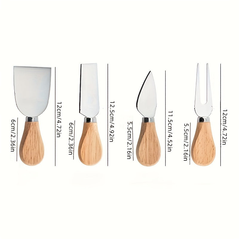 Juego de 4 cuchillos para queso de acero inoxidable con mangos de roble, utensilios para servir pizza de queso, vajilla de cocina y comedor, caja de regalo incluida.