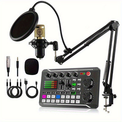 Set profesional de mezcladora de audio F998, estudio de podcast integrado, incluye micrófono condensador de alta calidad con soporte, alimentación dual USB/batería, compatible con PC, laptop y smartphone para grabación de juegos, transmisión en vivo y ex