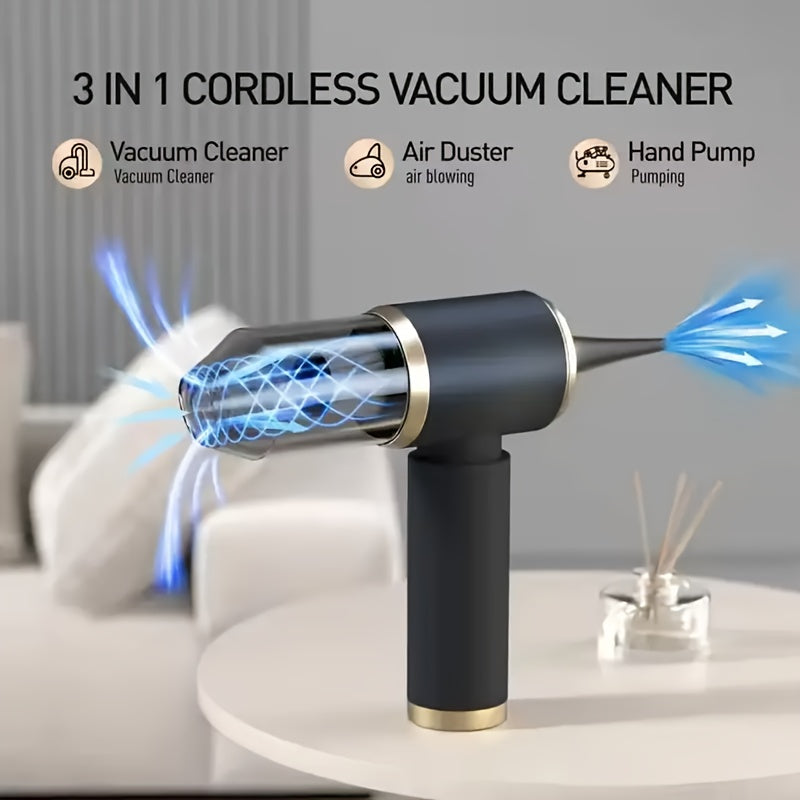 Aspiradora Portátil 3 en 1 con Diseño Inalámbrico Recargable por USB, Nivel de Ruido de 75 dB, Potencia de Succión de 4 KPa, Batería de Litio, Bomba Manual y Limpiador de Aire para Hogar y Vehículo