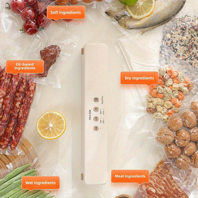 Kit de sellador de vacío inalámbrico portátil con carga USB, que incluye una función de sellado de bolsas de aperitivos, ideal para conservar alimentos, aperitivos, carnes, frutas y verduras. Diseñado para ahorrar espacio.