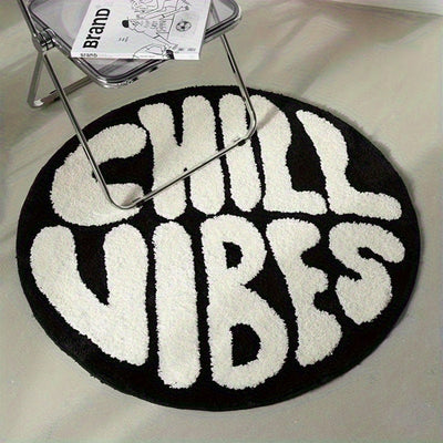 1pc Alfombra Redonda para Suelo - Poliéster Suave y Esponjoso con Texto "CHILL VIBES" en y Blanco, Decoración Moderna para Dormitorio, Sala de Estar, Hogar - Solo Lavado a Mano, Alfombras para Dormitorio, Tapete de Cama, Diseño de Moda, Textura Mullida,