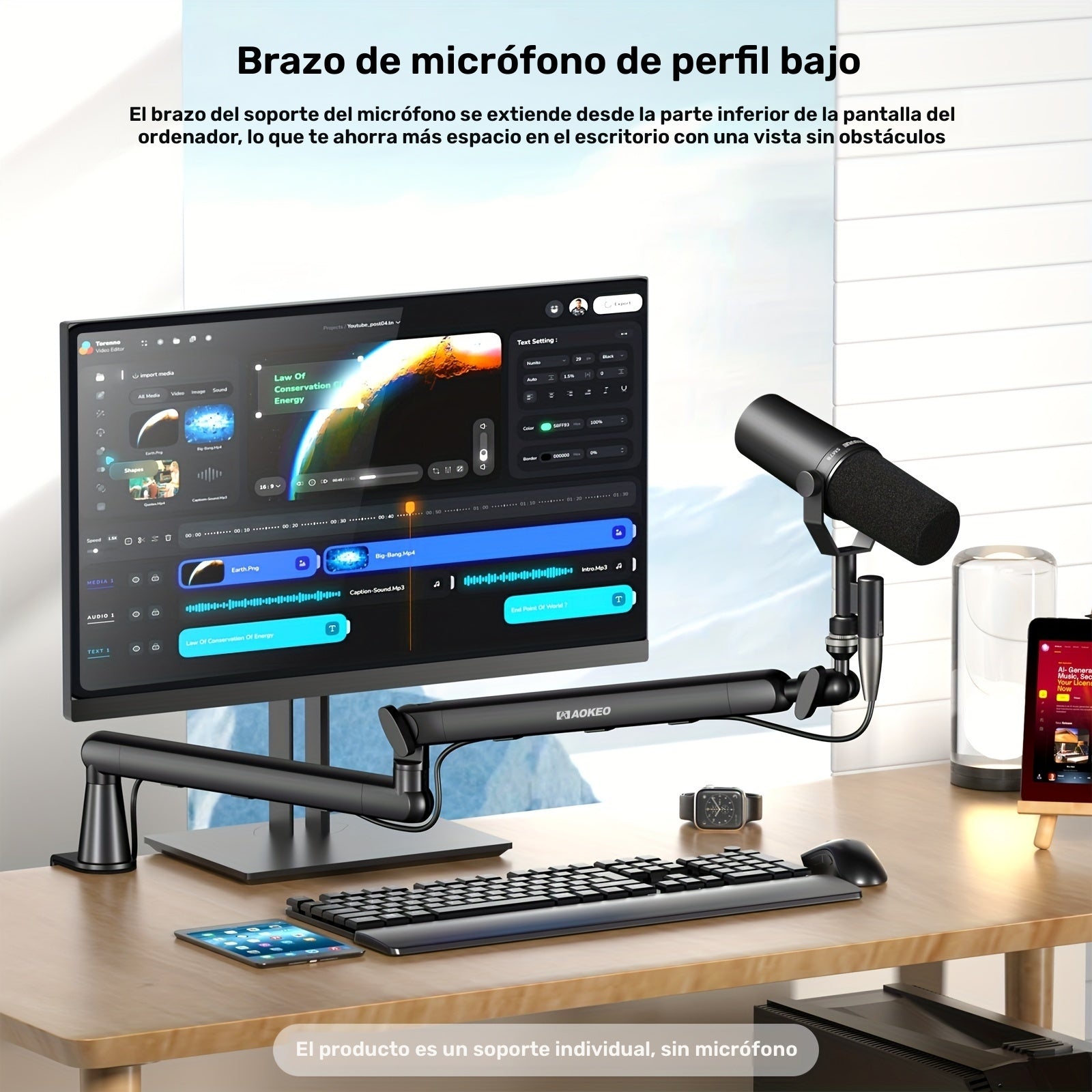 Brazo de micrófono Aokeo, brazo de micrófono con canal de gestión de cables, abrazadera de mesa, poste de altura extendida, soporte de micrófono para podcast resistente y multifuncional (AK-55 grueso)