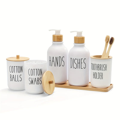 Juego de Accesorios para Baño, Juegos de Accesorios de Plástico para Baño de 6 piezas con Bandeja de Tocador, Dispensador de Jabón, Portacepillos de Dientes, Porta Cepillitos y Bolas con Tapas de Bambú, Estilo Bohemio, Decoración Moderna para el Baño