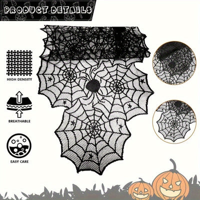 Cubre mesa de encaje para Halloween - Decoración de telaraña para fiestas, 1 pieza, poliéster, negro, ideal para restaurantes, cocinas y eventos festivos