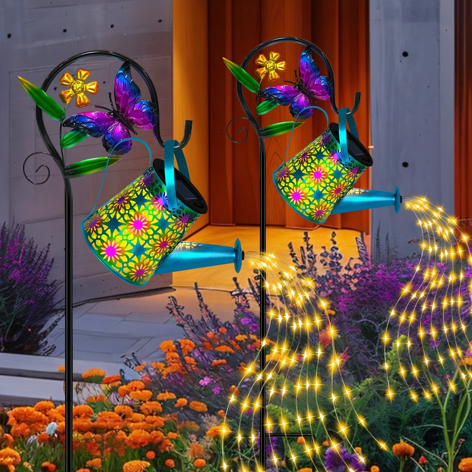 Gran regadera de mariposas y farol solar con decoración de jardín - Colgante de metal vibrante con gancho de mariposa, luces LED, ideal para caminos exteriores, patios y decoración de césped, decoración de caminos de jardín | Decoración de jardín vibrant