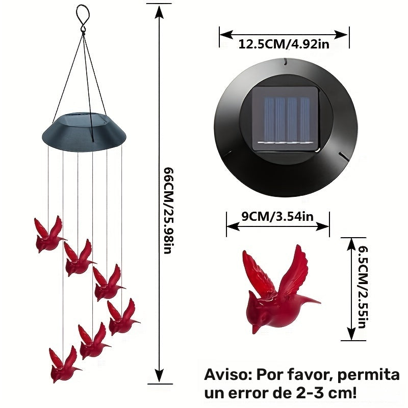 1 pieza de luz de viento de pájaro rojo solar - 6 aves de llama LED, transición colorida, plástico ABS duradero, ideal para jardín, patio y decoración del hogar - Fácil de colgar con gancho metálico en forma de S, regalo perfecto para entusiastas de exte
