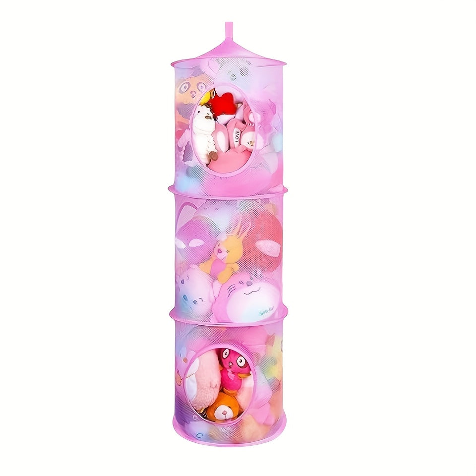 Organizador de malla colgante de 3 niveles con jaulas abiertas apilables - Ideal para animales de peluche, hamaca de juguetes multiusos, hamaca de red de almacenamiento cilíndrica - Poliéster, estilo vintage, cestas de estantes