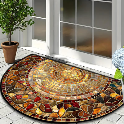 1pz Felpudo con Diseño de Hojas - Tapete Semicircular de Terciopelo Diamante Dorado, 1000g por Metro Cuadrado, Lavable en Máquina, Diseño de Mosaico Vibrante, Adecuado para Entrada, Dormitorio, Sala de Estar, Cocina y Más Decoración del Hogar