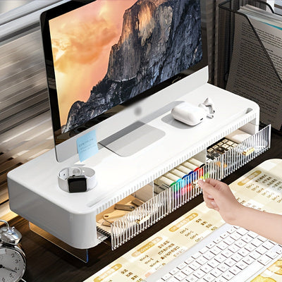 2 Escenarios Disponibles Soporte de Monitor de Acrylic Transparente con Doble Cajón, Organizador de Escritorio Ajustable, Soporte de Monitor Multifuncional para Oficina en Casa, con Espacio de Almacenamiento, Alta Practicidad