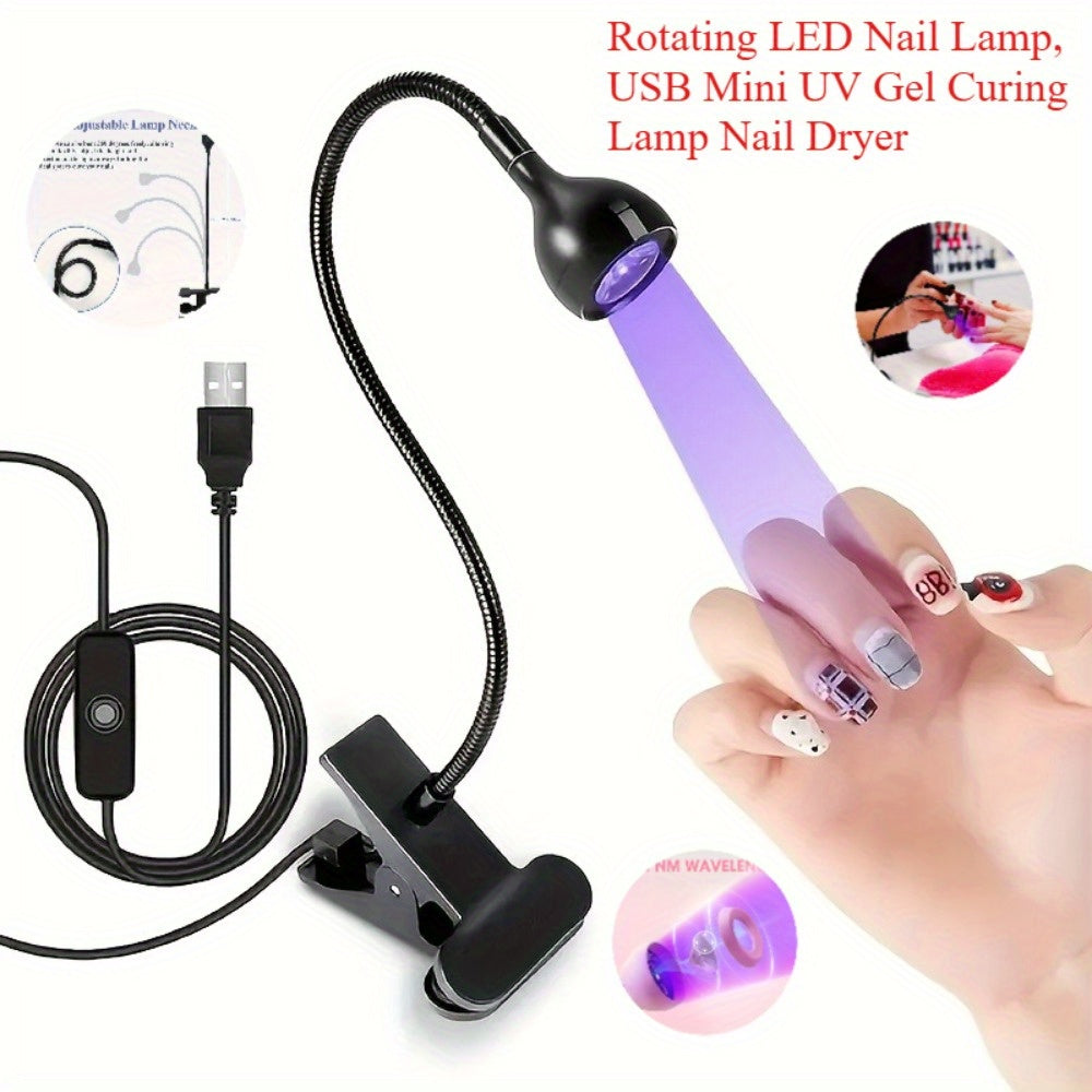 1 lámpara de uñas LED rotativa alimentada por USB con tubo metálico flexible - Luz púrpura flexible para arte de uñas DIY, curado de gel y decoración del hogar - Ideal para dormitorio, sala de estar o escritorio, accesorios de tecnología de uñas, lámpara