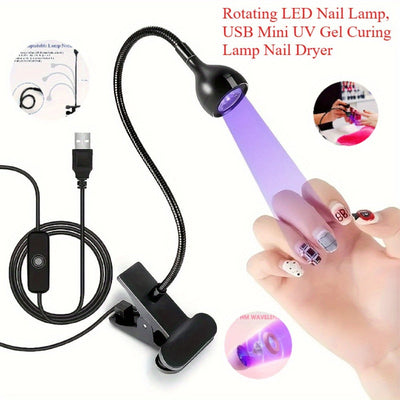 1 lámpara de uñas LED rotativa alimentada por USB con tubo metálico flexible - Luz púrpura flexible para arte de uñas DIY, curado de gel y decoración del hogar - Ideal para dormitorio, sala de estar o escritorio, accesorios de tecnología de uñas, lámpara