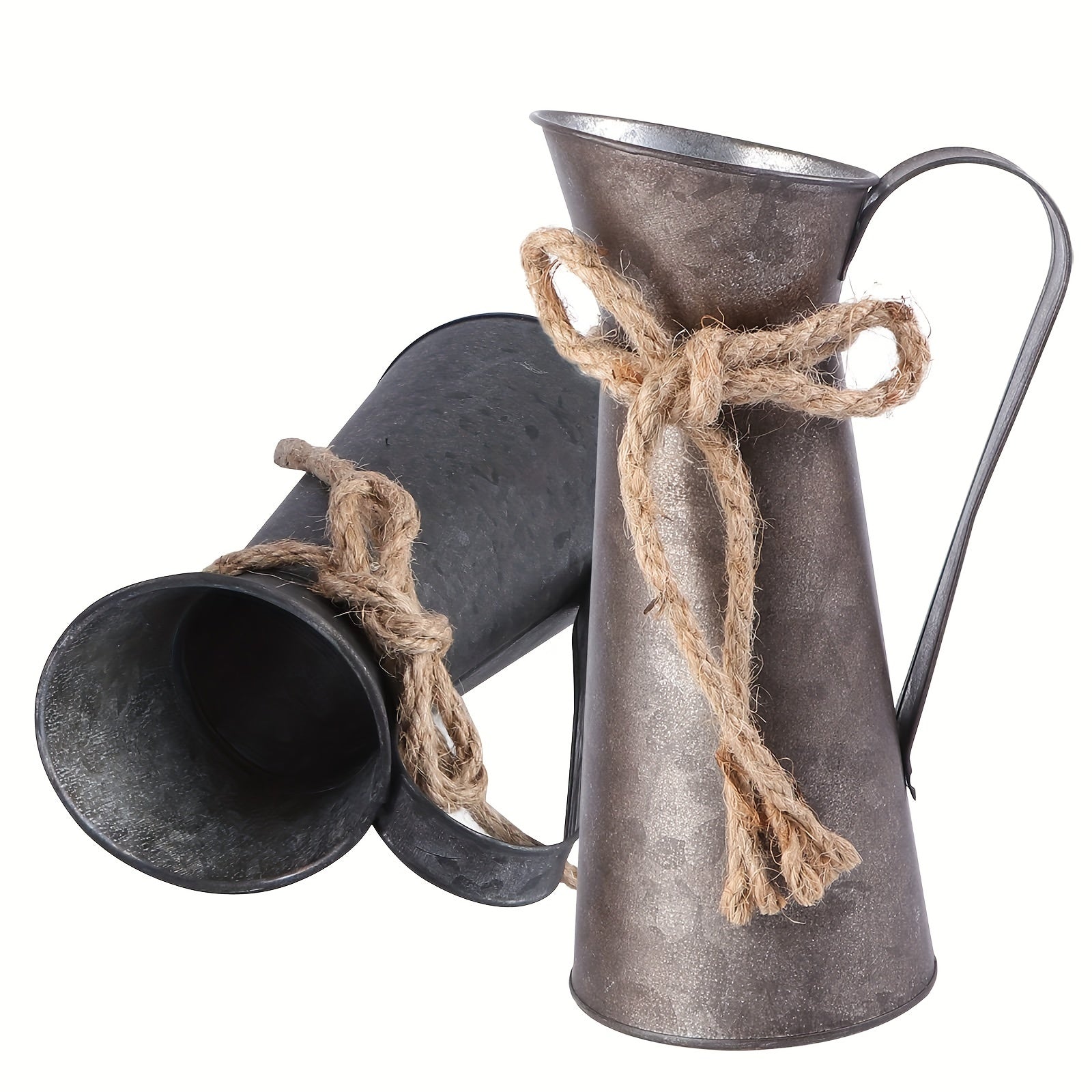 2 piezas de jarrón vintage estilo granja, jarrones rústicos de metal galvanizado para flores secas, macetero shabby chic, jarra de metal con asa para decoración de bodas, hogar y jardín