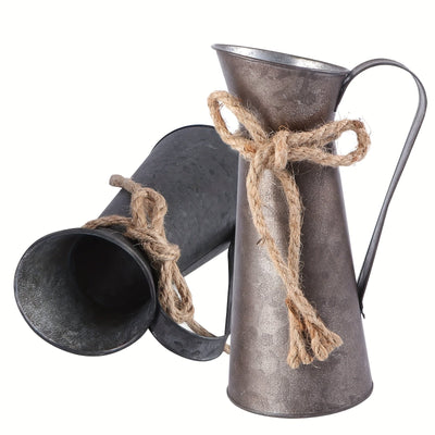 2 piezas de jarrón vintage estilo granja, jarrones rústicos de metal galvanizado para flores secas, macetero shabby chic, jarra de metal con asa para decoración de bodas, hogar y jardín