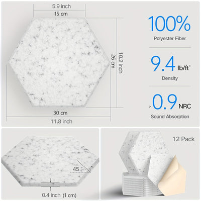 12 paneles de espuma acústica, 30.48 cm x 25.4 cm x 1.02 cm, diseño hexagonal elegante, autoadhesivos, retardantes de llama, reducen el ruido y eliminan ecos (NRC>0.9)