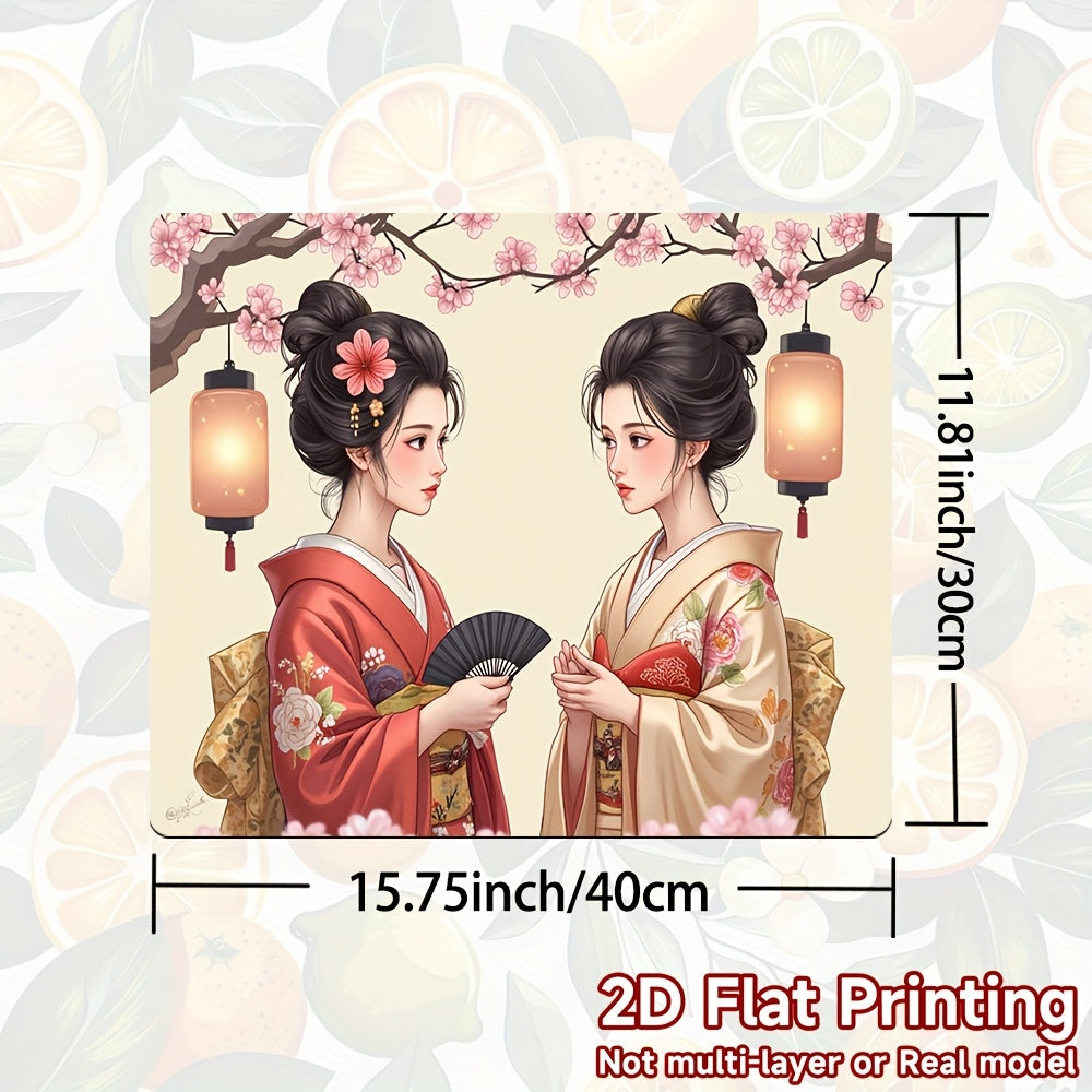 1pc Alfombrilla de Cocina con Temática Japonesa - Dos Geishas con Linternas, Protector Anticalor para Encimeras de Estufas a Gas/Eléctricas, Lavadoras, Cafeteras y Secadoras - Diseño Tradicional Japonés en Atuendo, Decoración Antideslizante para Suelos,