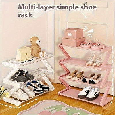 Organizador de zapatos de 4 niveles en forma de Z, caja de almacenamiento de plástico resistente con diseño curvo, fácil de armar, estante de pie ideal para sala o dormitorio, sin necesidad de herramientas, apilable y ahorrador de espacio, contenedor par