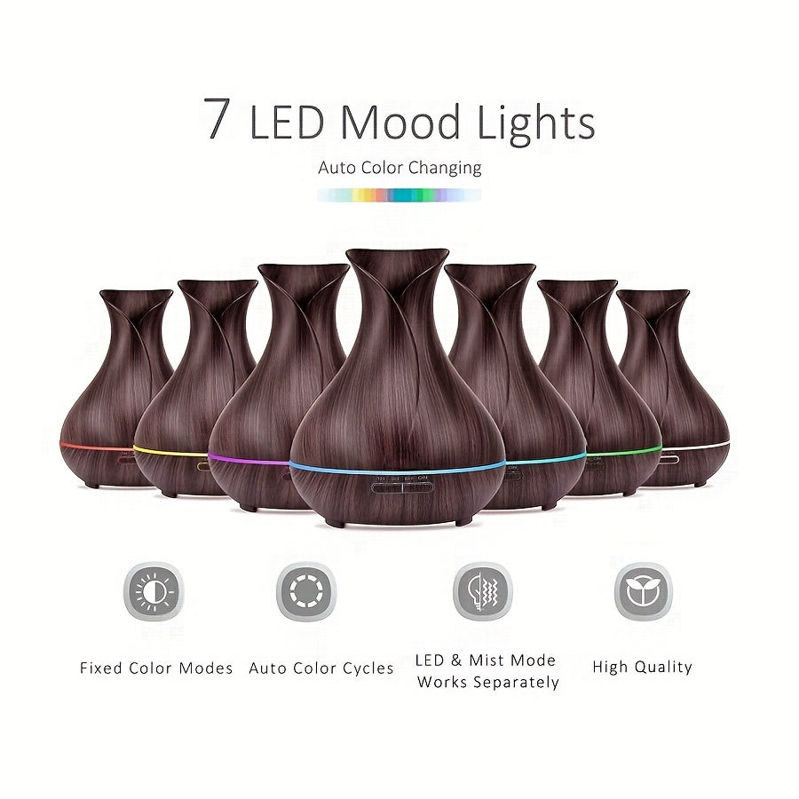 1 ud. Difusor de Aromas y Humidificador 5-en-1 de 550 ml, Tecnología de Onda Sonora para Difusor de Aceites Esenciales, Humidificador de Nube Fría por USB, Luces LED Cambiantes en 7 Colores con Temporizador de Niebla Ajustable y Funcionamiento Silencioso