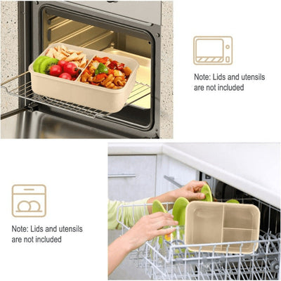 Lonchera Térmica de Rejilla con 3 Compartimentos y Calentamiento en Microondas, Caja Bento de Silicona Verde para la Escuela, Trabajo y Comidas al Aire Libre, Cubierta con Bloqueo de Seguridad, Solo Lavado a Mano, Material de Paja de Trigo, Forma Cuadrada
