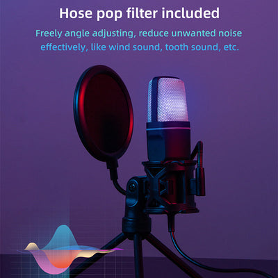 Micrófono de juego, micrófono USB para PC para podcasts de video, transmisión, micrófono de condensador con función de silencio rápido, trípode, filtro de pop, luz indicadora RGB, soporte antivibraciones, perilla de ganancia rotativa, compatible con PS4/
