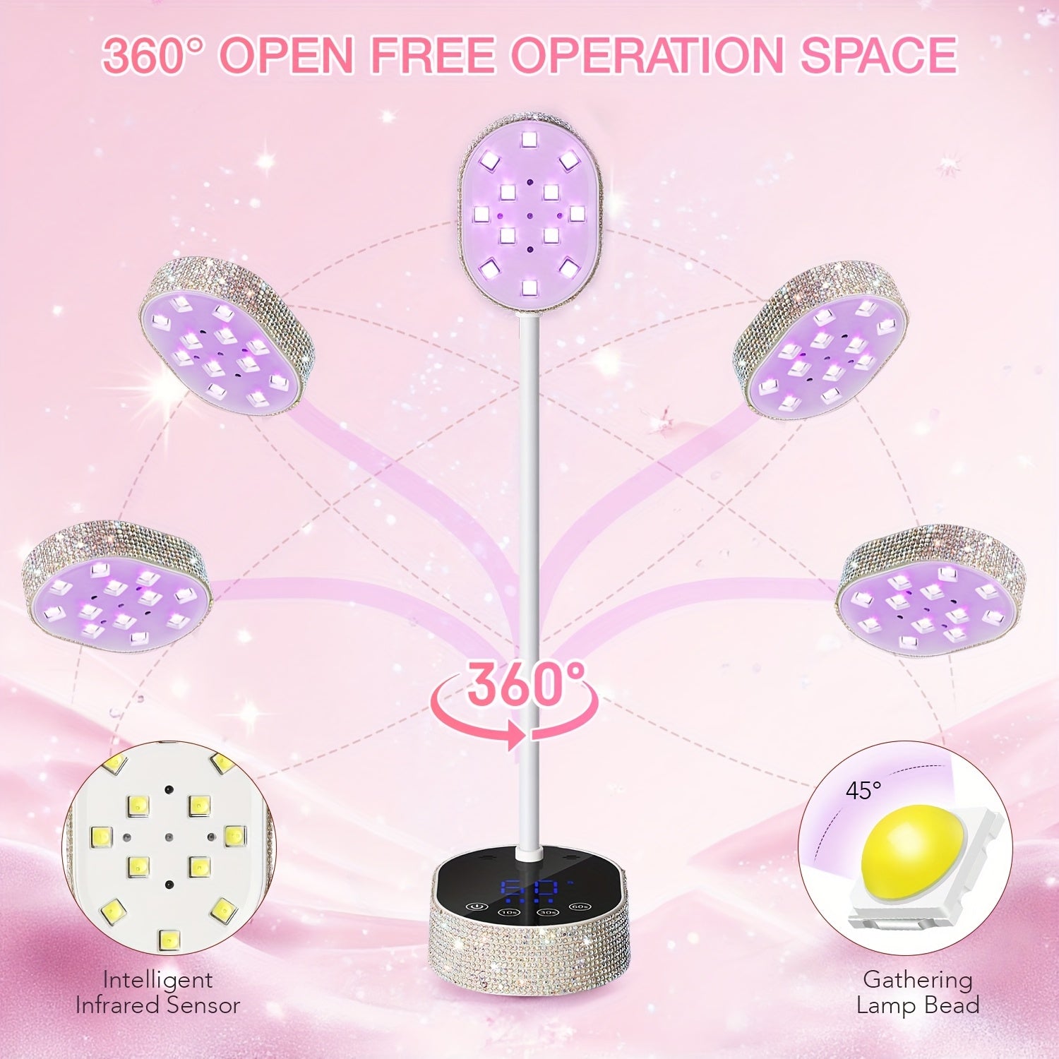 Linterna Profesional para Uñas con Temporizador Digital - Secador de Uñas LED Portátil, Luz Endurecedora USB con Pantalla LCD, Rápida para Hogar y Salón, Regalo de Cumpleaños para Técnicas de Uñas (Batería 1500mAh), Linterna para Gel, Decorada con Rhines