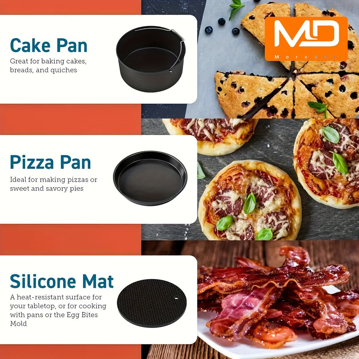 MOREDOR 11piezas/set 20.32 cm Accesorios para freidora de aire, Compatible con Universal 3.7QT - 6.8QT Freidora de aire profunda, Libre de BPA, Seguro para lavavajillas, Revestimiento antiadherente, Con libro de recetas