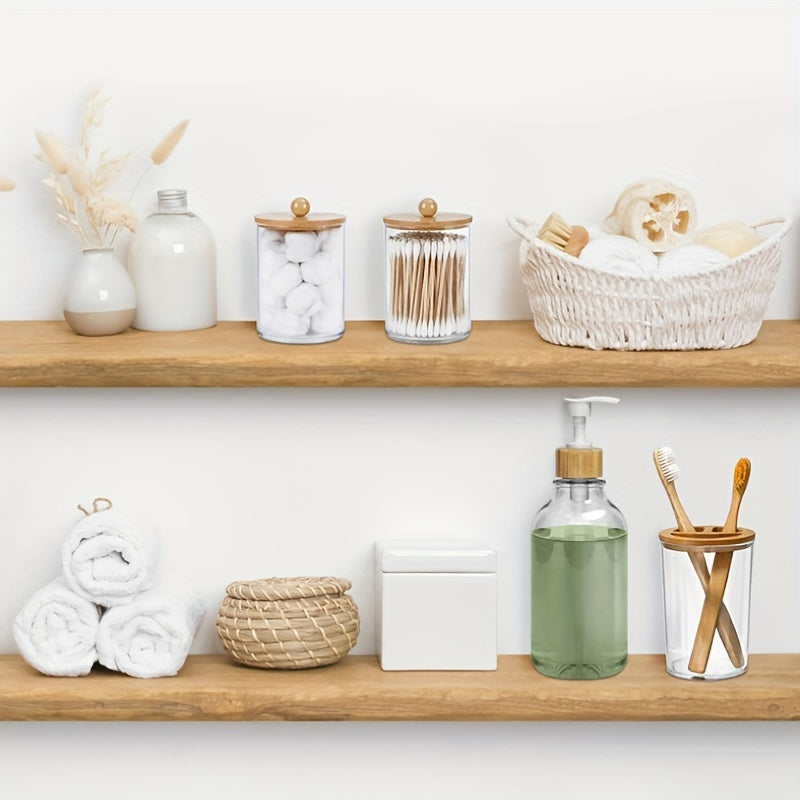 Juego de 4 Accesorios para Baño, Dispensador de Jabón, Portacepillos, 2 Tarros para Hisopos, Decoración Rústica Boho, Set Marrón