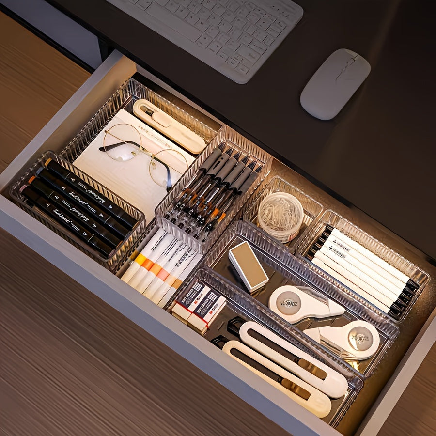 Conjunto de 7 piezas/8 piezas de cajón acrílico con caja de almacenamiento de cosméticos incorporada, organizador de productos para el cuidado de la piel para mesa de tocador con divisores, y el conjunto tiene múltiples combinaciones de tamaños, Organiza