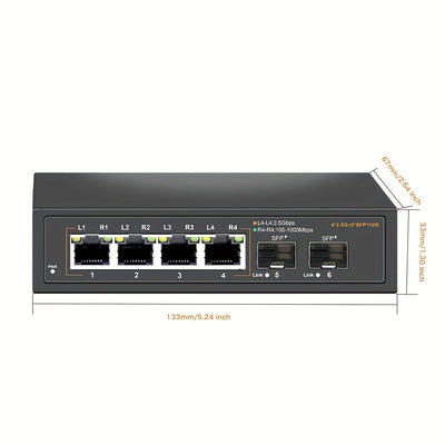 Conmutador Ethernet No Gestionado de 6 Puertos con 4* Portales Base-T de 2.5G y 2* Puertos SFP+ de 10G, Conmutador de Red de 2.5Gbps para NAS/PC de 2.5Gbps, Router WiFi6, Plug and Play