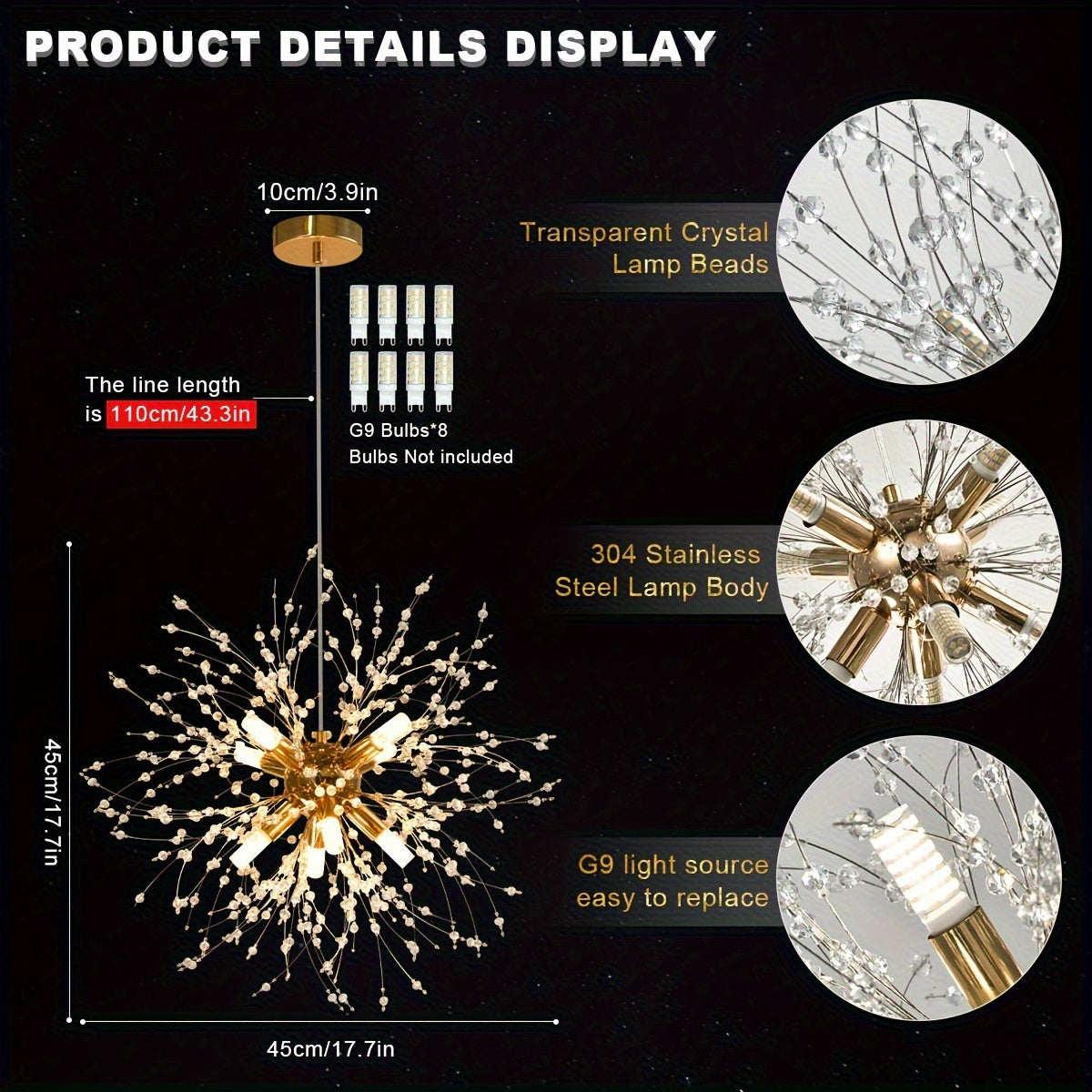 1 lámpara de cristal dorado de lujo, diseño moderno de diente de león, 8 bases para bombillas G9 - sin bombillas incluidas, cable ajustable, estructura metálica, ideal para sala, comedor, dormitorio o cocina
