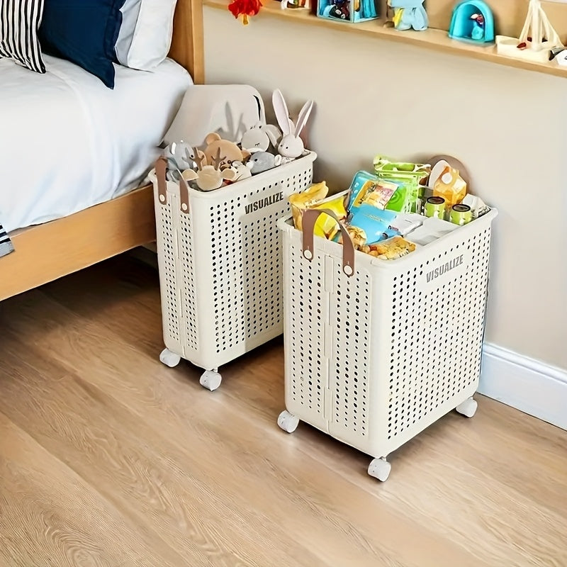 1pc Cesta de Almacenamiento Plegable Grande con Ruedas - Organizador de Plástico Duradero y Colapsable con Mango Ergonómico y Agujeros de Ventilación para Toallas, Ropa, Juguetes - Ahorro de Espacio Portátil para Hogar, Cocina, Baño, Spa
